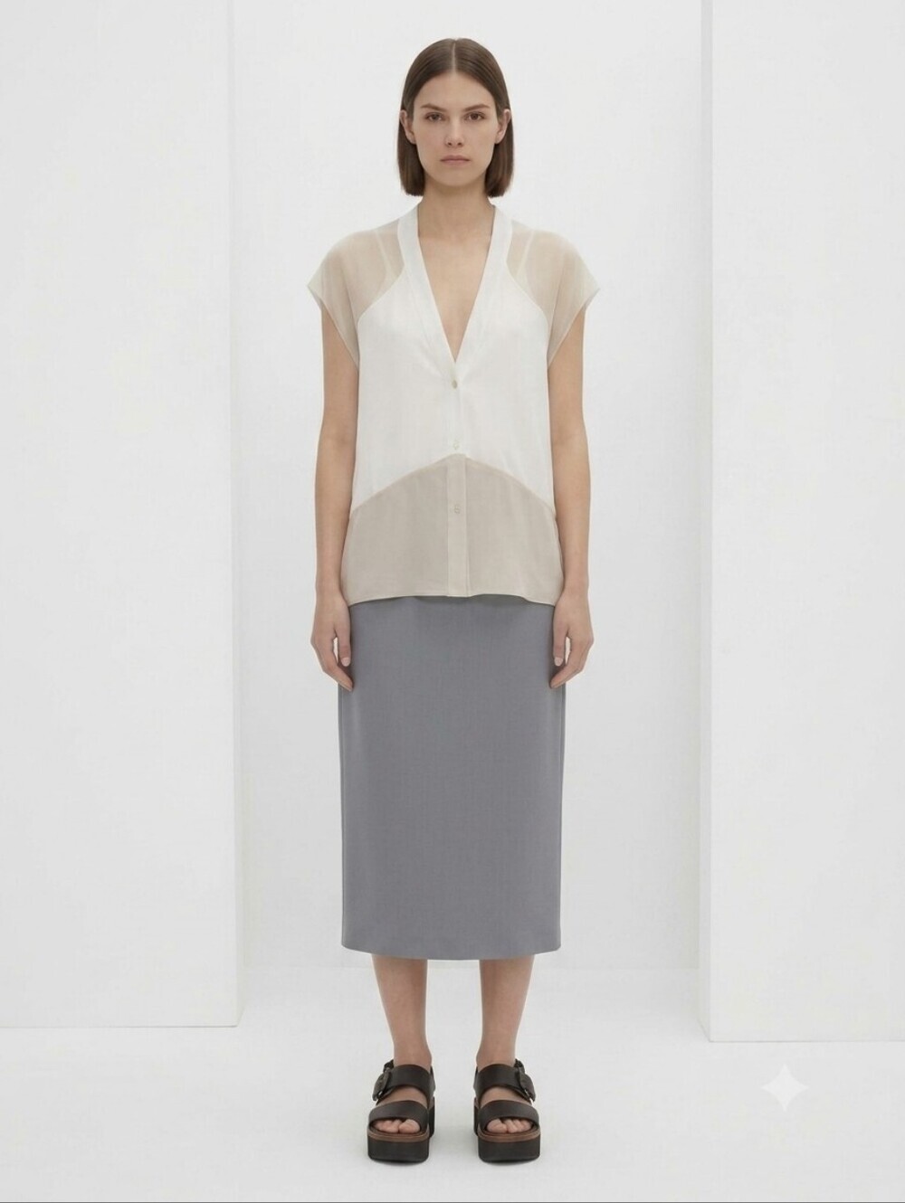 Helmut Lang Silk Cotton Sheer Sleeveless S Blouse Minimalist Neutral Shirt Top